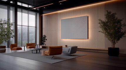 Co-working space, walls covered with AI-generated art, modern interior.