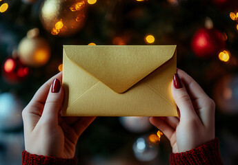 Close-up of women hands holding a gold envelope, red nails, festive Christmas tree background with bokeh lights, holiday gift or invitation, elegant and warm holiday atmosphere. Generative AI