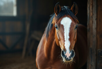 Fototapeta premium A brown horse with a white blaze on its face, standing in a wooden barn