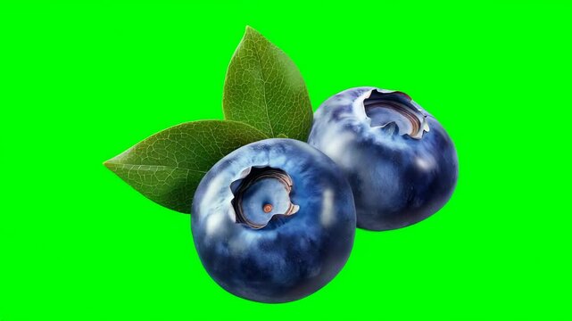 Fresh blueberries with green leaves on vivid green background
