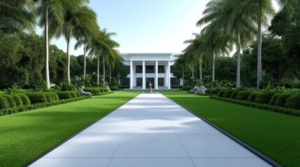Naklejka premium A grand pathway leading to a luxurious mansion surrounded by greenery.
