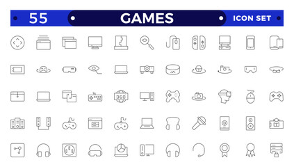 Games outline icon set. Gaming icon elements containing points and life bars, console, player, chess, multiplayer, casino and mobile game icons.video games, gaming, technology, gadget, esport.