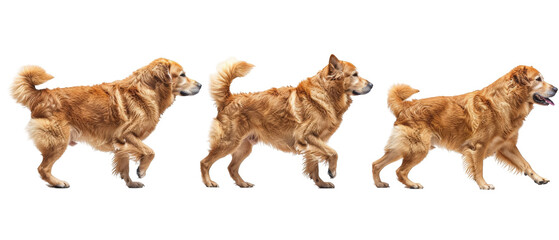 Three golden-colored dogs walking in a row.