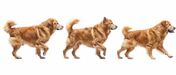 Three golden-colored dogs walking in a row.