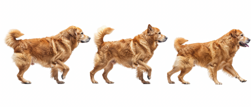 Three golden-colored dogs walking in a row.