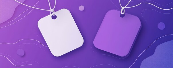 Elegant illustration of two blank labels against a vibrant purple background with geometric circles