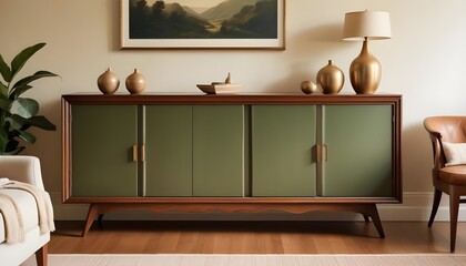 Wood sideboard in green living room with copy space