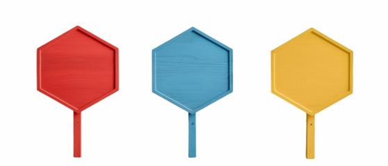 Three hexagonal signs, red, blue, yellow, on white background.