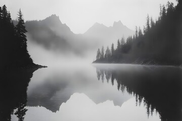 Misty mountain lake