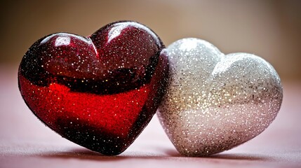 Obraz premium Valentine's Day Celebration with Red and Silver Glitter Hearts Home Decor Close-Up Romantic Atmosphere Love Concept