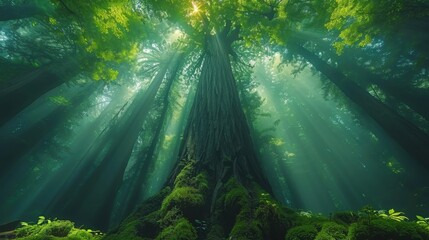 Majestic Ancient Redwood Forest with Filtering Light