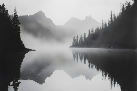 Misty mountain lake