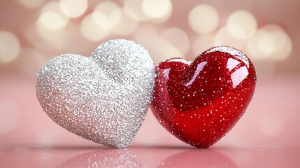 Fototapeta premium Valentine's Day Celebration with Glittery Red and Silver Hearts Romantic Decor Close-up View Festive Atmosphere Love Concept