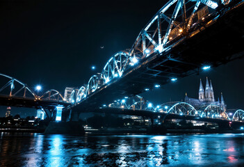 Obraz premium A large illuminated bridge with arched steel structures spanning a river at night, with a cathedral-like building visible in the background