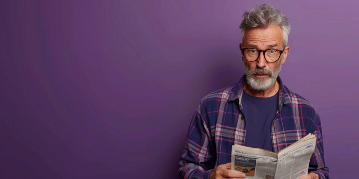 Man with grey hair and glasses holding newspaper against purple background. Concept of reading and staying informed. For online news articles.