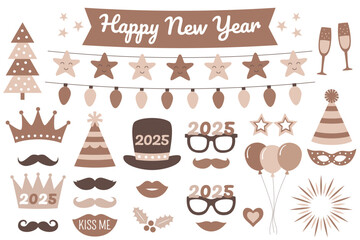 New Year party props, photo booth and design elements set. Hats, glasses, mustaches, lips, crowns, stars, and banners. Mocha Mousse, color of year 2025