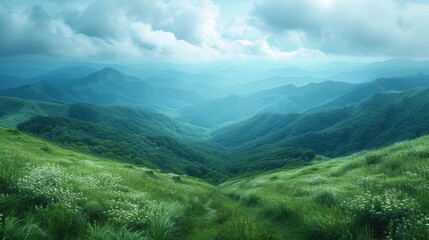 Naklejka premium Serene Green Hills with Distant Mountain Range
