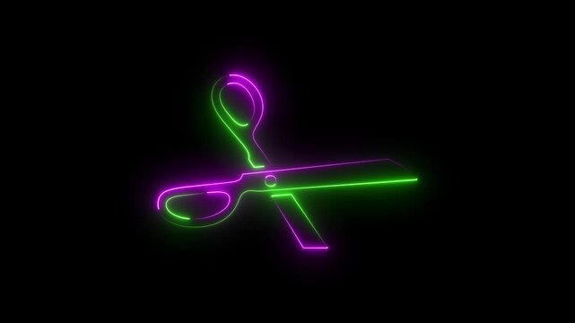 Neon glowing blue broken scissor icon animation in black background.