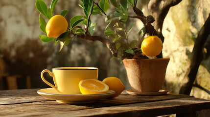 Lemon tree with cup of tea. Copy space.