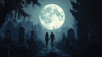 The full moon casts light over a couple holding hands in a quiet graveyard, evoking themes of love and eternity