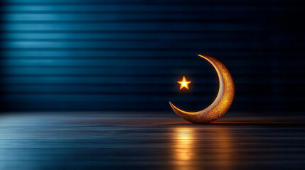 Minimalist design of a single glowing crescent moon on a deep navy blue background.