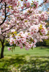 Obraz premium Blooming pink cherry blossom trees in a lush green garden on a sunny day