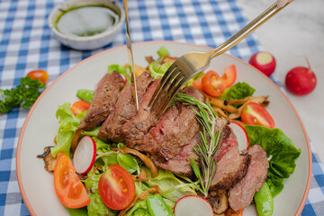 A gourmet dish featuring sliced meat on a bed of fresh greens, garnished with tomatoes and radishes, set on a checkered tablecloth.