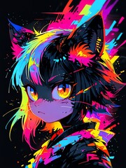 Neon Catgirl Cyberpunk Splash Art