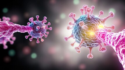 Close-up view of virus structures interacting in a scientific context.