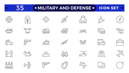 Military equipment, combat war weapon line icon set. Missile bomb and grenade, pistol and medal of army soldier, target of gun drone Military and Defense outline symbols vector illustration.