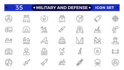 Military equipment, combat war weapon line icon set. Missile bomb and grenade, pistol and medal of army soldier, target of gun drone Military and Defense outline symbols vector illustration.