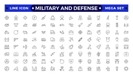 Military equipment, combat war weapon line icon set. Missile bomb and grenade, pistol and medal of army soldier, target of gun drone Military and Defense outline symbols vector illustration.