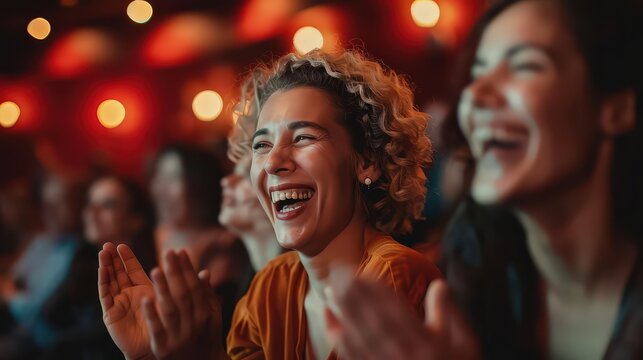 Audience laughing and clapping at a comedianâ€™s punchline