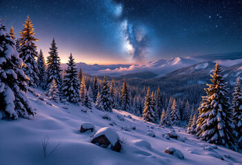 Forest on a mountain ridge covered with snow. Milky way in a starry sky. Christmas winter night