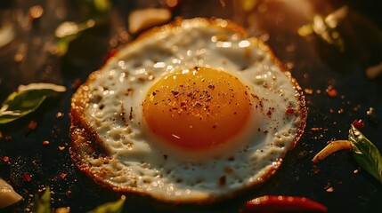 Gourmet Close-up of Perfectly Fried Egg Amidst Fresh Herbs and Spices, Capturing the Textures and Colors of Culinary Delights in Natural Light