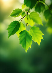 Green leaves hanging from a branch against a soft, blurred background