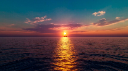 Naklejka premium Ocean reflection at moonrise, a line silhouette of a historic ship in the distance.