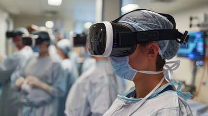 Medical professionals wear virtual reality headsets in a hospital setting. Concept of integrating technology in healthcare. For medical innovation presentations.