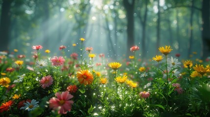Obraz premium Vibrant Wildflowers in a Peaceful Forest Setting