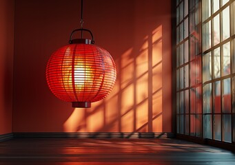 Obraz premium Minimalist Decor with Red Paper Lantern Stand and Window Light