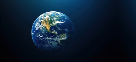 Earth from space, vibrant blue planet, visible continents, swirling clouds, dark background, stunning view, atmosphere, natural beauty, copy space for text