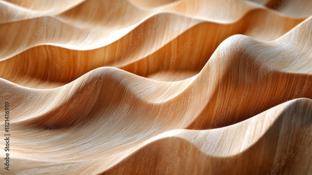 Poster elegant curves of polished wood flow in harmonious waves, reflecting light and showcasing a warm, ea