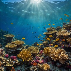 Obraz premium A vibrant coral reef teeming with diverse marine life under a bright sunlit sea.