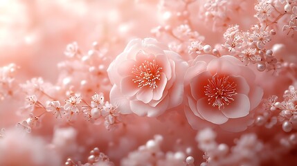 A close-up of a beautiful arrangement of pink and peach flowers, including ranunculus and anemones, with pearl accents.