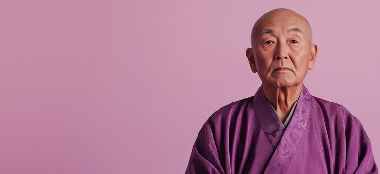 Elderly man in traditional kimono, serene expression, soft pink background, cultural attire, portrait photography, copy space for text