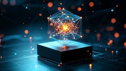 Fototapeta premium fiber optic and scalability concept. A glowing geometric cube with connecting lines, set against a dark, futuristic background.