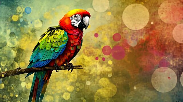Colorful parrot perched on a branch against a vibrant backdrop of abstract colors