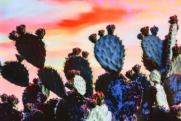 Naklejka premium Desert cactus desert sunset