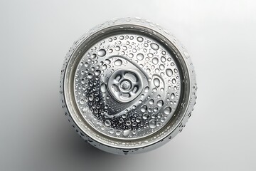 Close-up of a condensation-covered aluminum beverage can on its side.