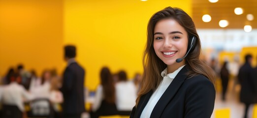 Smiling customer service representative, bright yellow background, professional attire, headset, engaged in communication, office environment, teamwork atmosphere, copy space for text